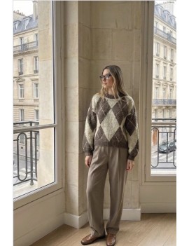 Pull jacquard taupe & chocolat