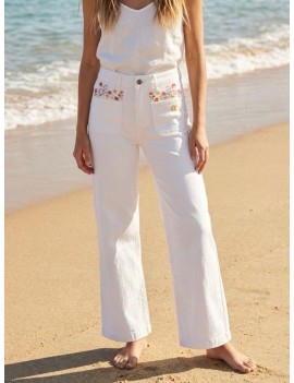 Pantalon blanc fleurs brodées