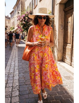 Robe  longue à fleurs oranger