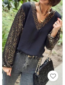 Top col v paillettes noir